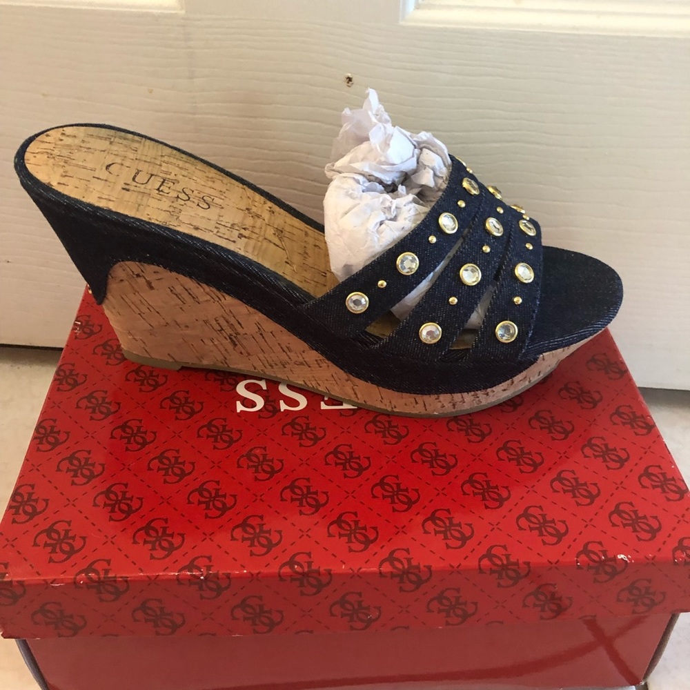 Guess rhinestone denim wedges size 8.5